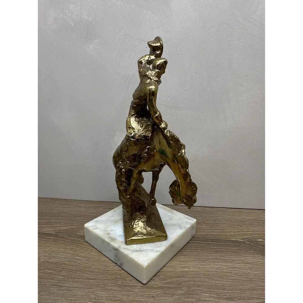 Vintage Brass Plated Bronze Bronco Buster Cowboy Statue, Marble Base Paul Herzel